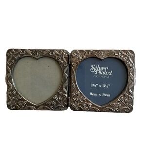Vintage Silver Plated Heart Shaped Floral Dual Picture Frame Victorian Girly